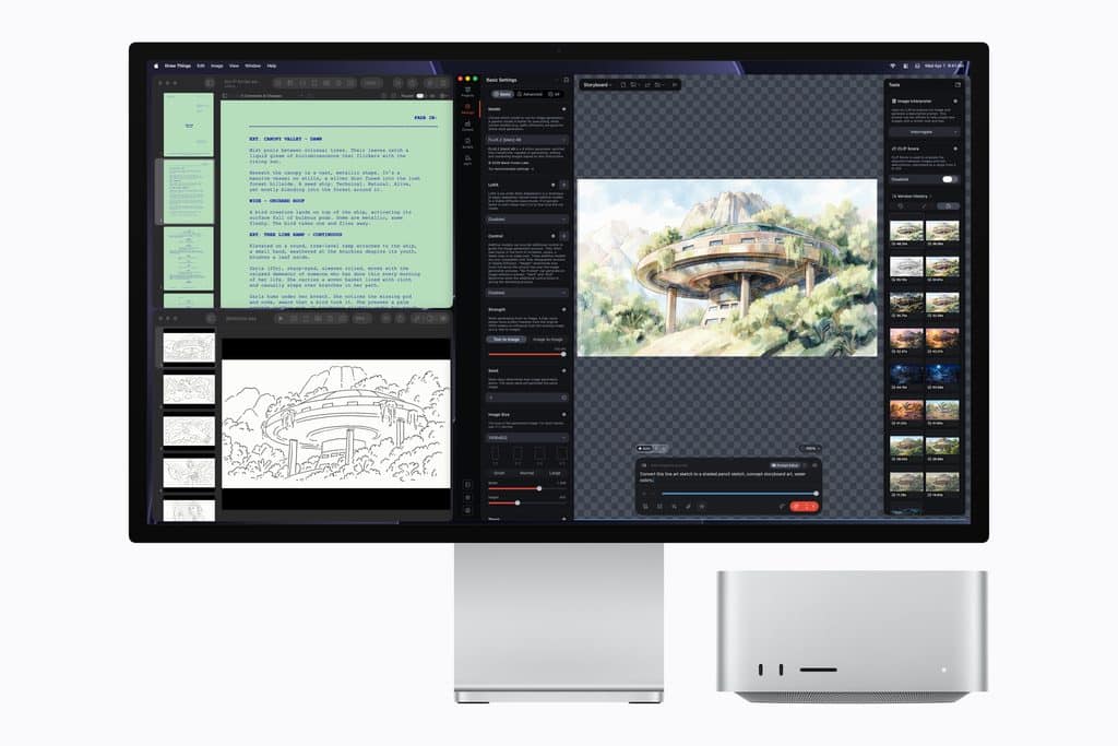 Utilising the powerful up-to-80-core GPU with Neural Accelerators, Mac Studio with M5 Ultra enables creators to generate high-quality AI images locally on device using apps like Draw Things.